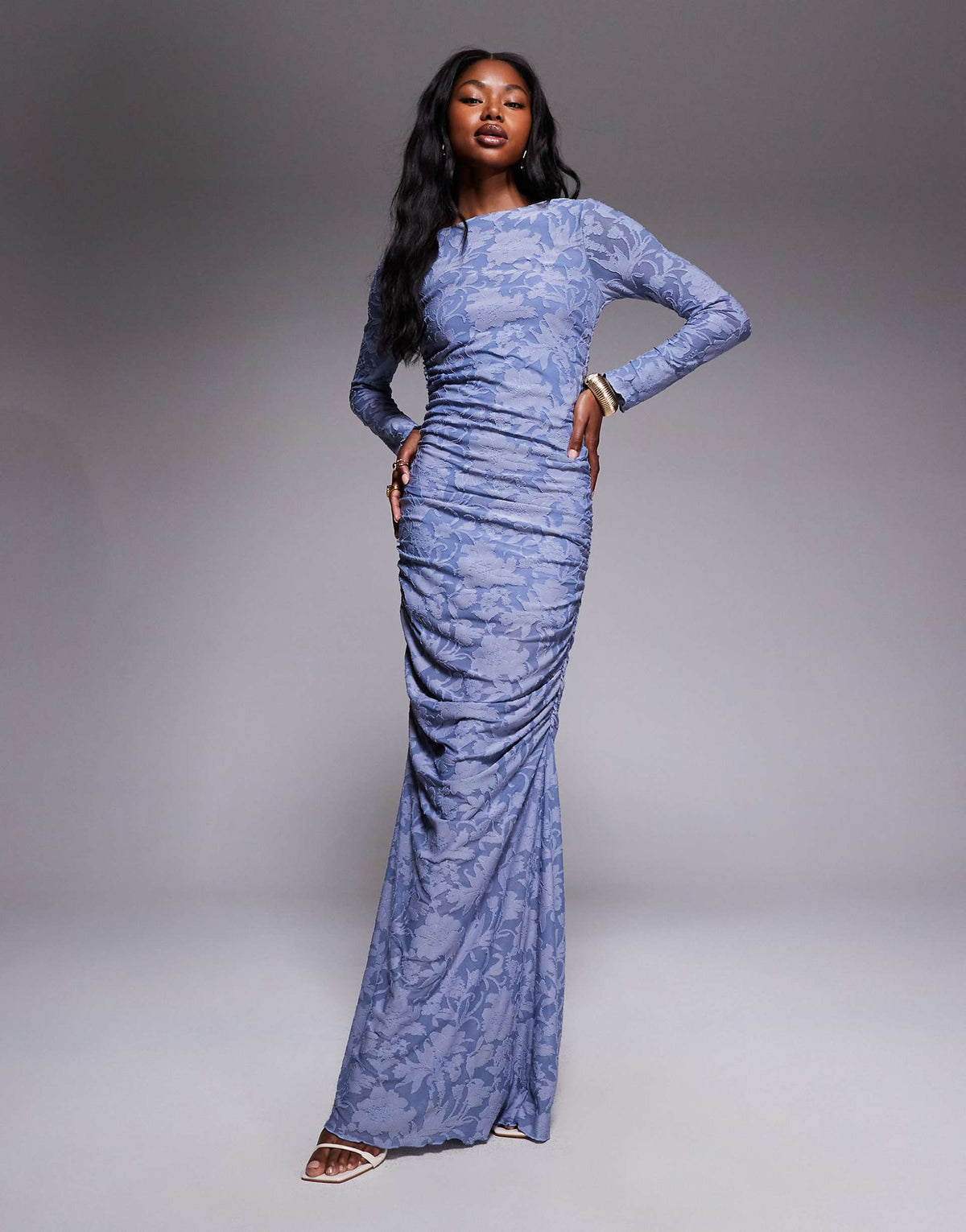 ASOS DESIGN devore long sleeve ruched maxi dress in bright blue