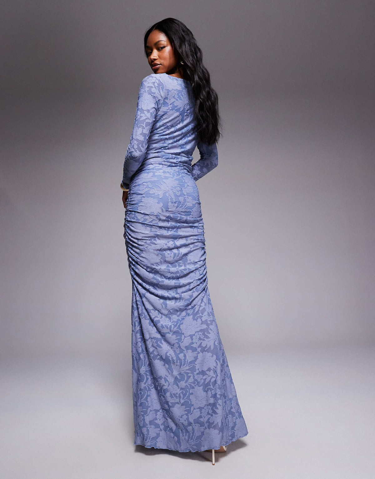 ASOS DESIGN devore long sleeve ruched maxi dress in bright blue