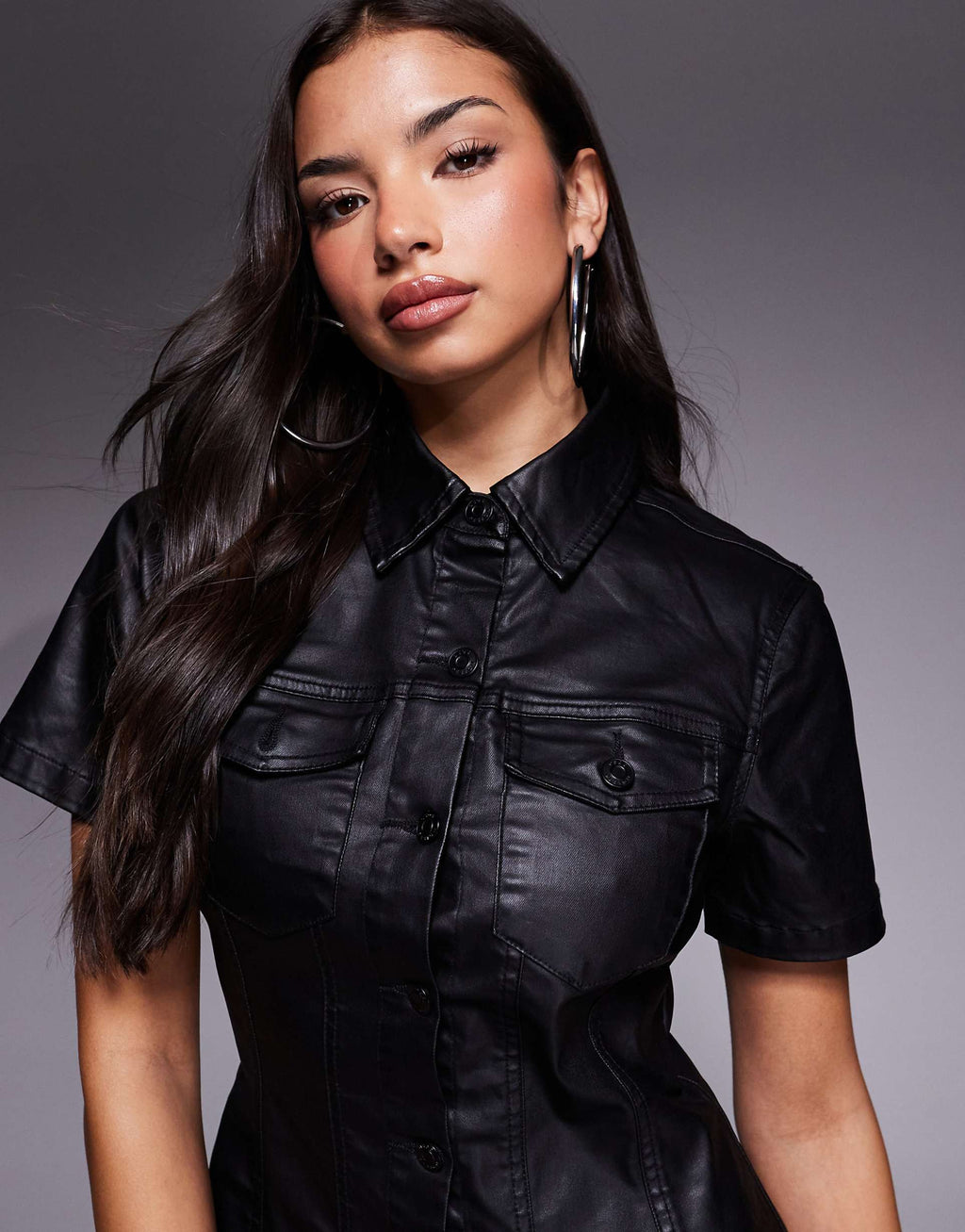 ASOS DESIGN short sleeve denim shirt dress in coated black
