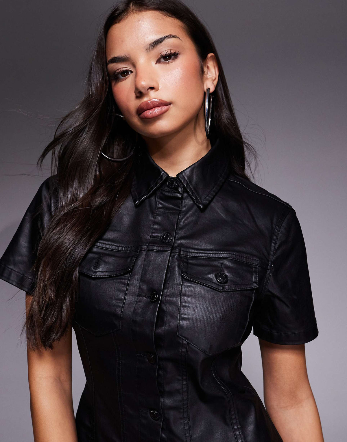 ASOS DESIGN short sleeve denim shirt dress in coated black
