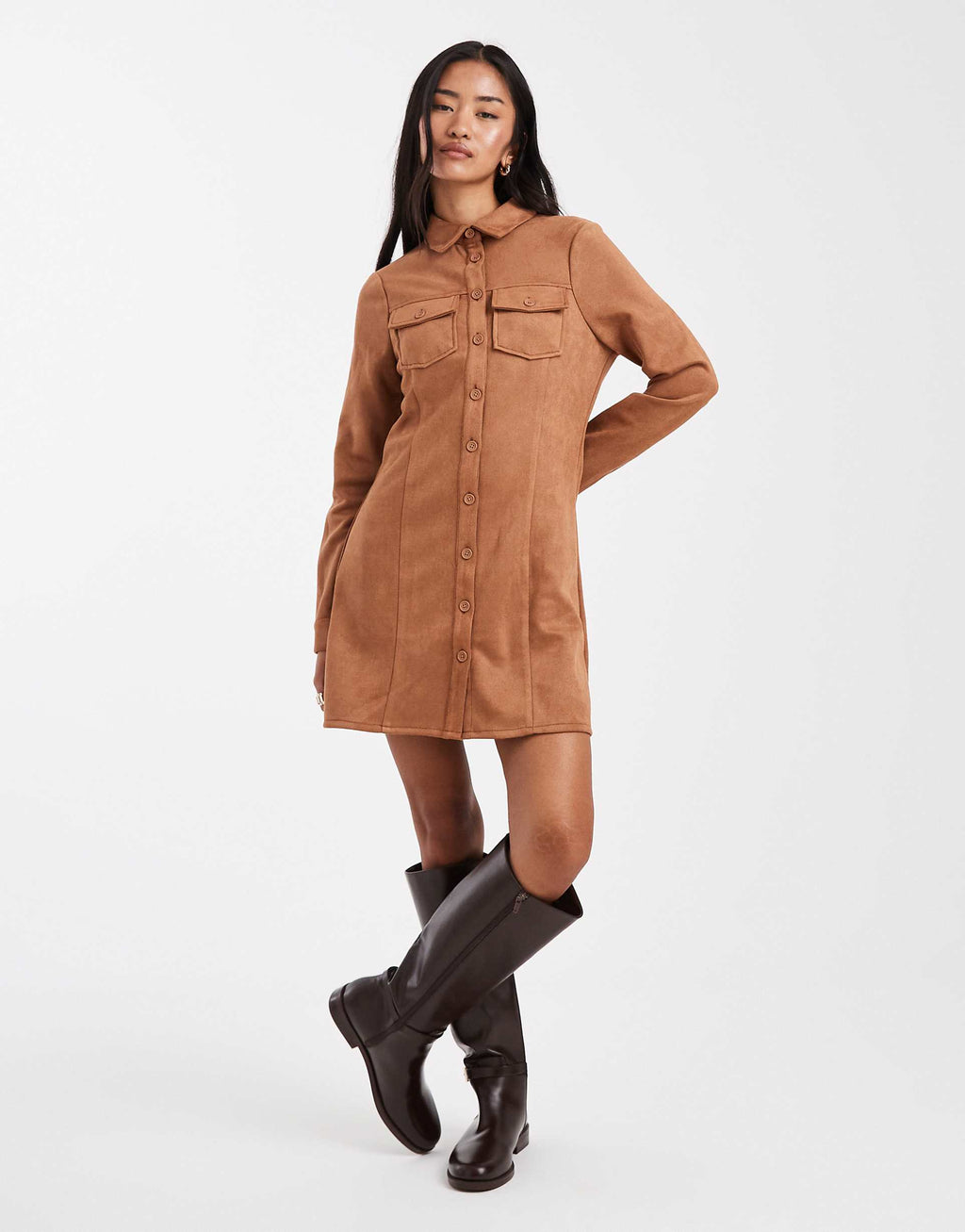 Miss Selfridge long sleeve suedette dress in tan