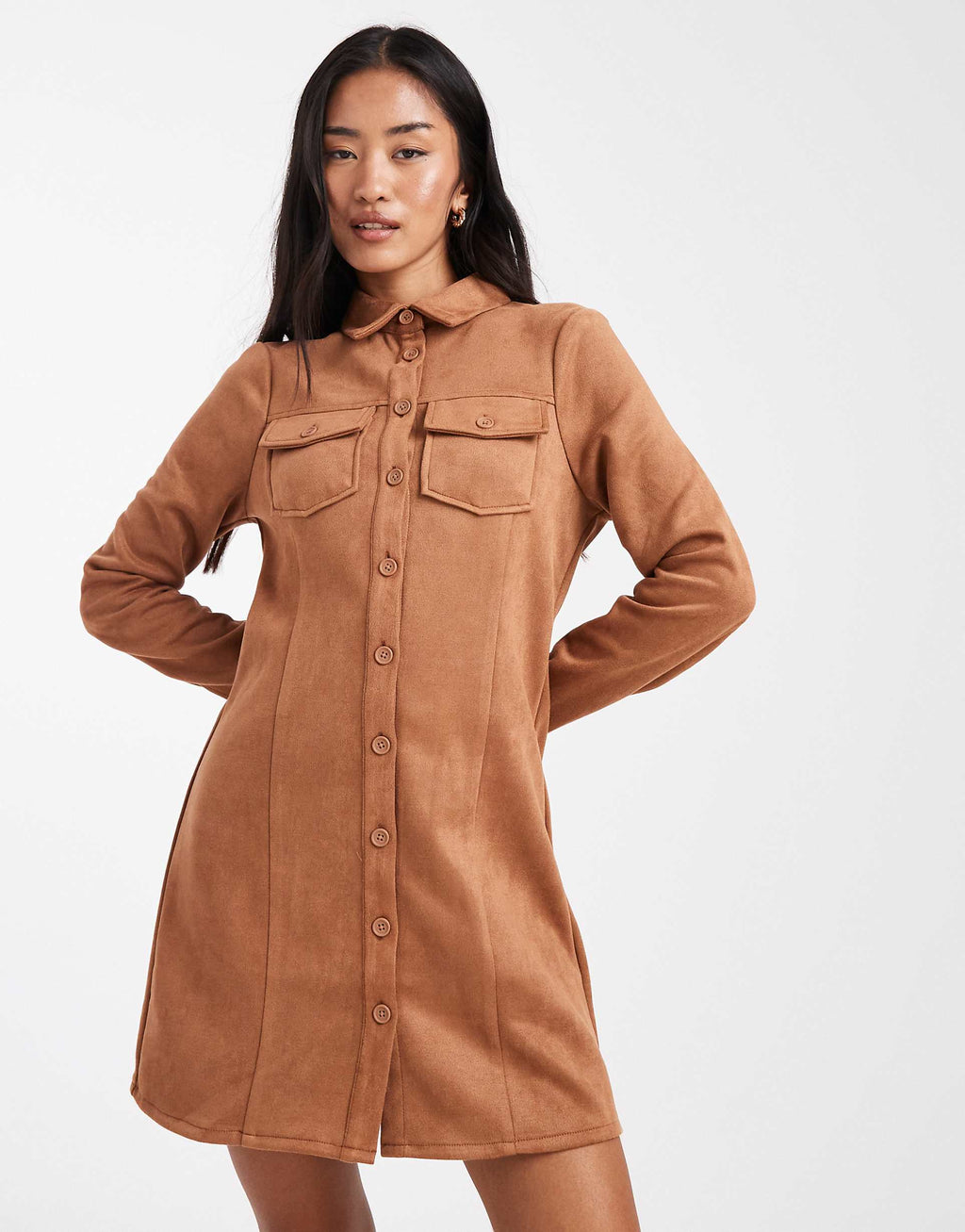 Miss Selfridge long sleeve suedette dress in tan