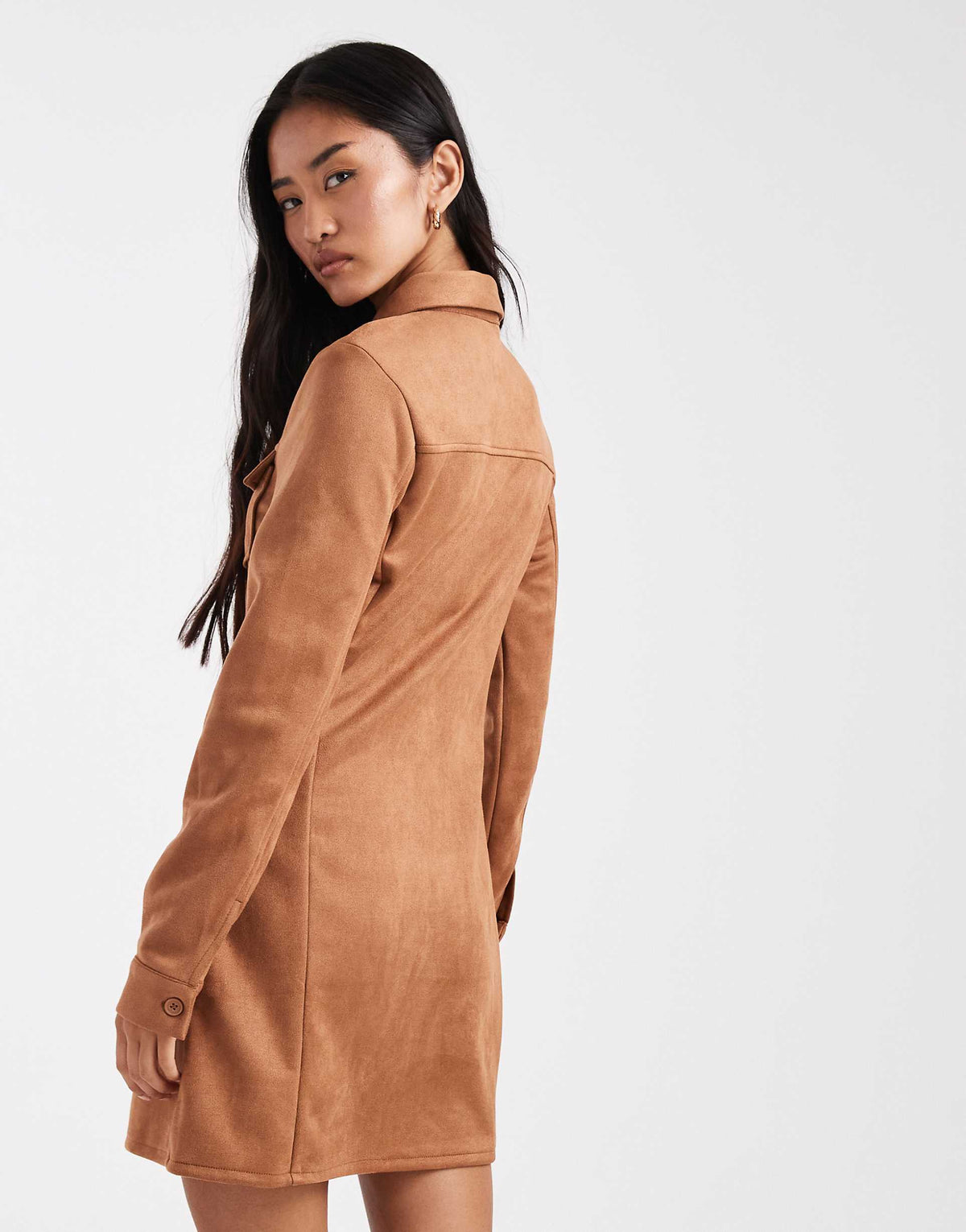 Miss Selfridge long sleeve suedette dress in tan