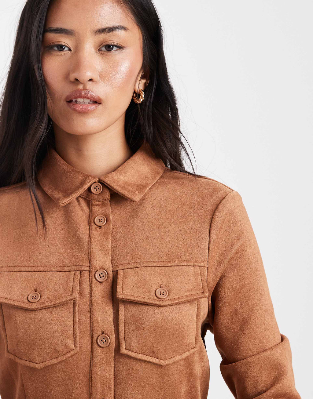 Miss Selfridge long sleeve suedette dress in tan