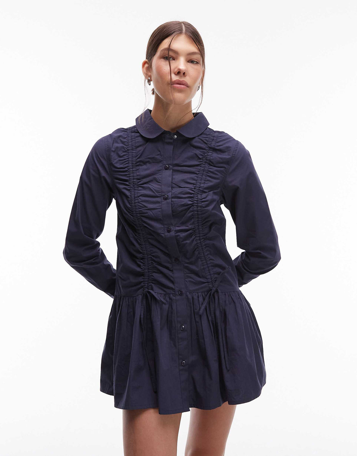 COLLUSION long sleeve ruched mini shirt dress in navy