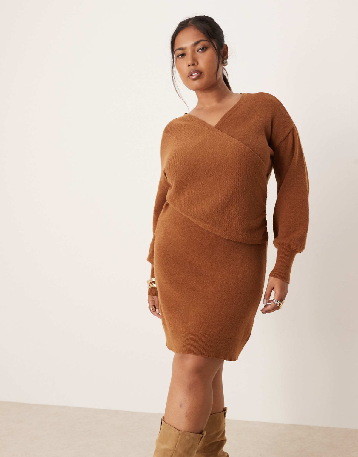 Vila Curve knit mini wrap dress in camel