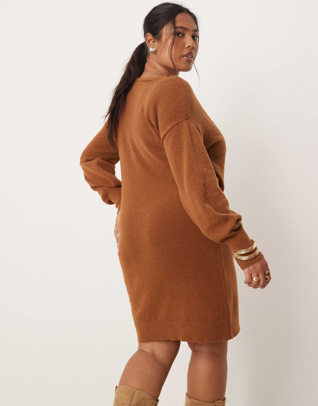 Vila Curve knit mini wrap dress in camel