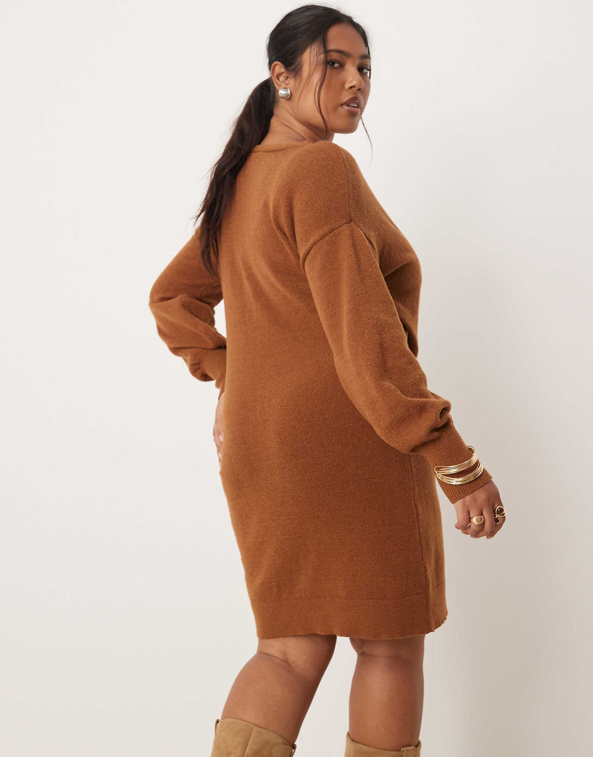 Vila Curve knit mini wrap dress in camel