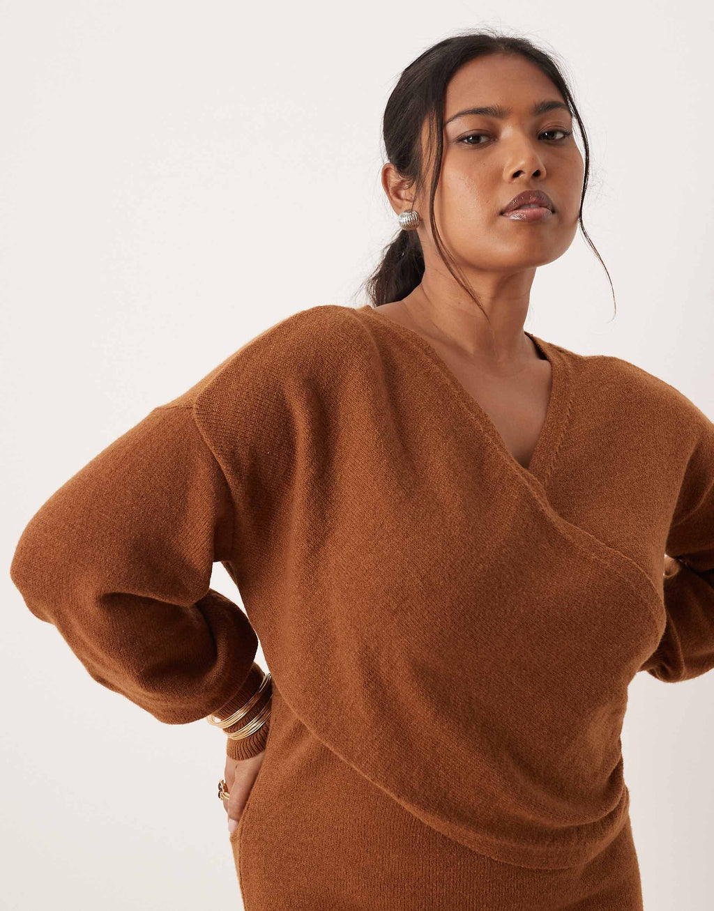 Vila Curve knit mini wrap dress in camel