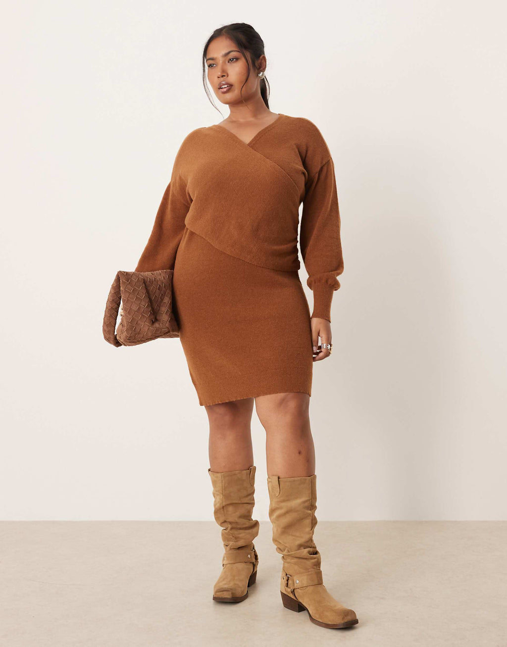 Vila Curve knit mini wrap dress in camel
