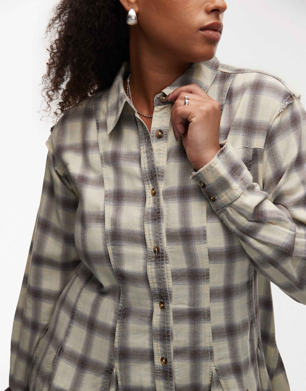 ASOS DESIGN Curve mini shirt dress with nipped in waist and godets in washed gray and blue plaid