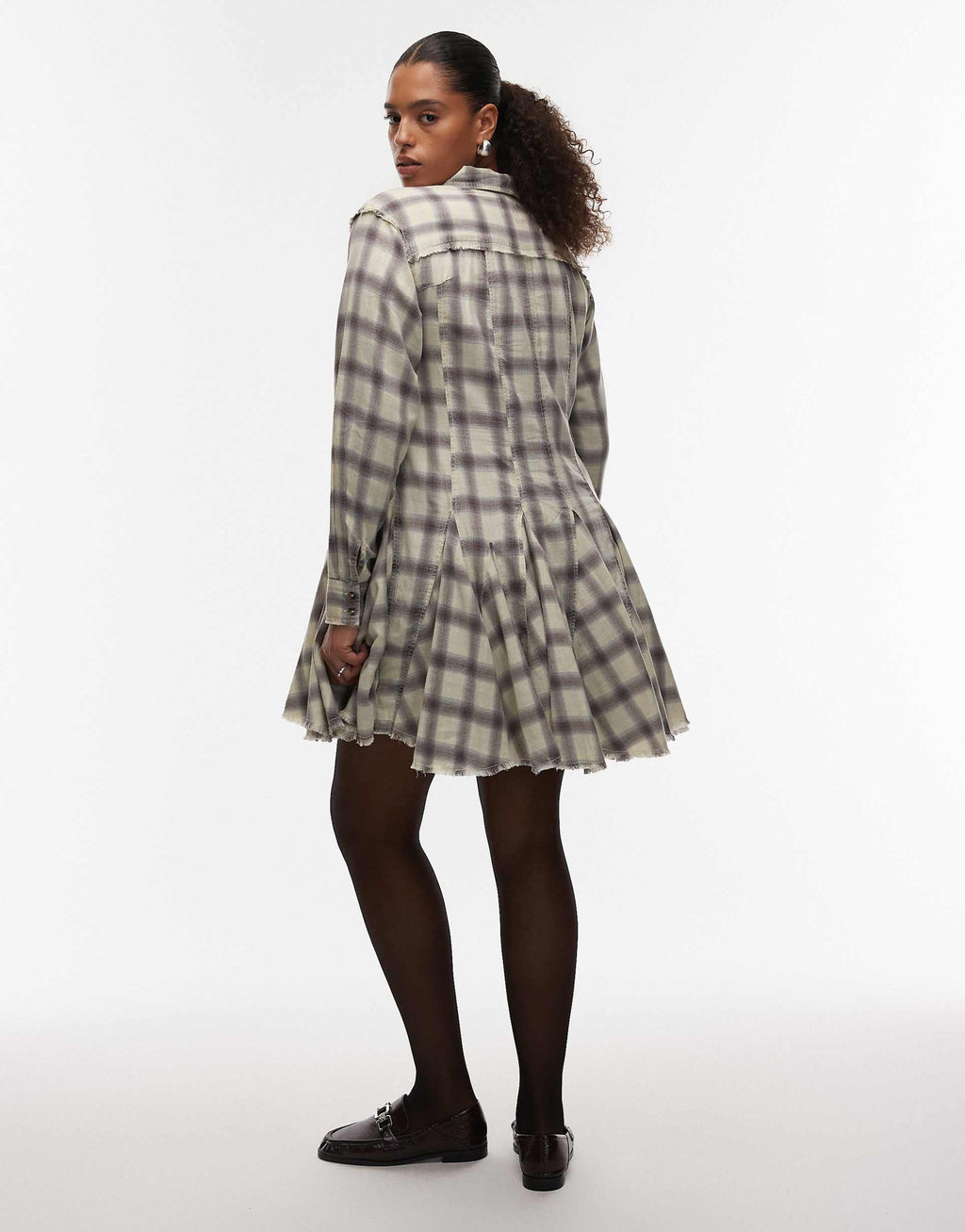ASOS DESIGN Curve mini shirt dress with nipped in waist and godets in washed gray and blue plaid