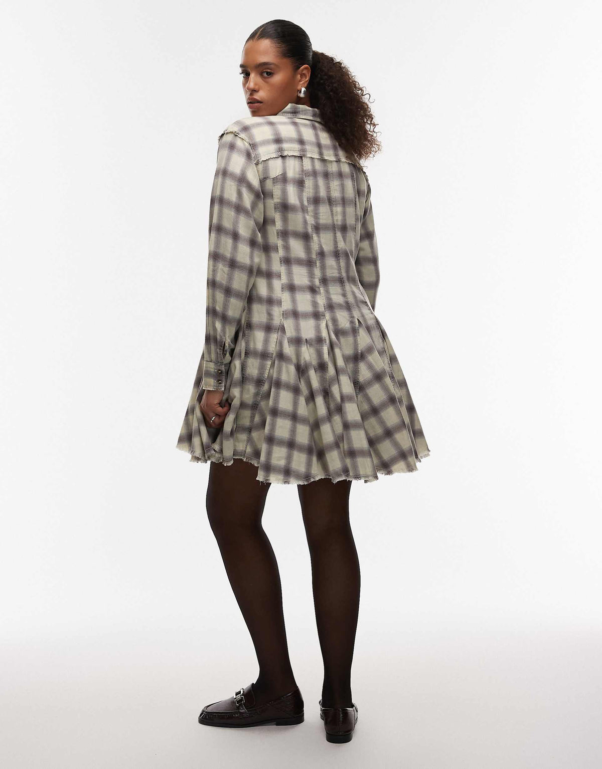 ASOS DESIGN Curve mini shirt dress with nipped in waist and godets in washed gray and blue plaid
