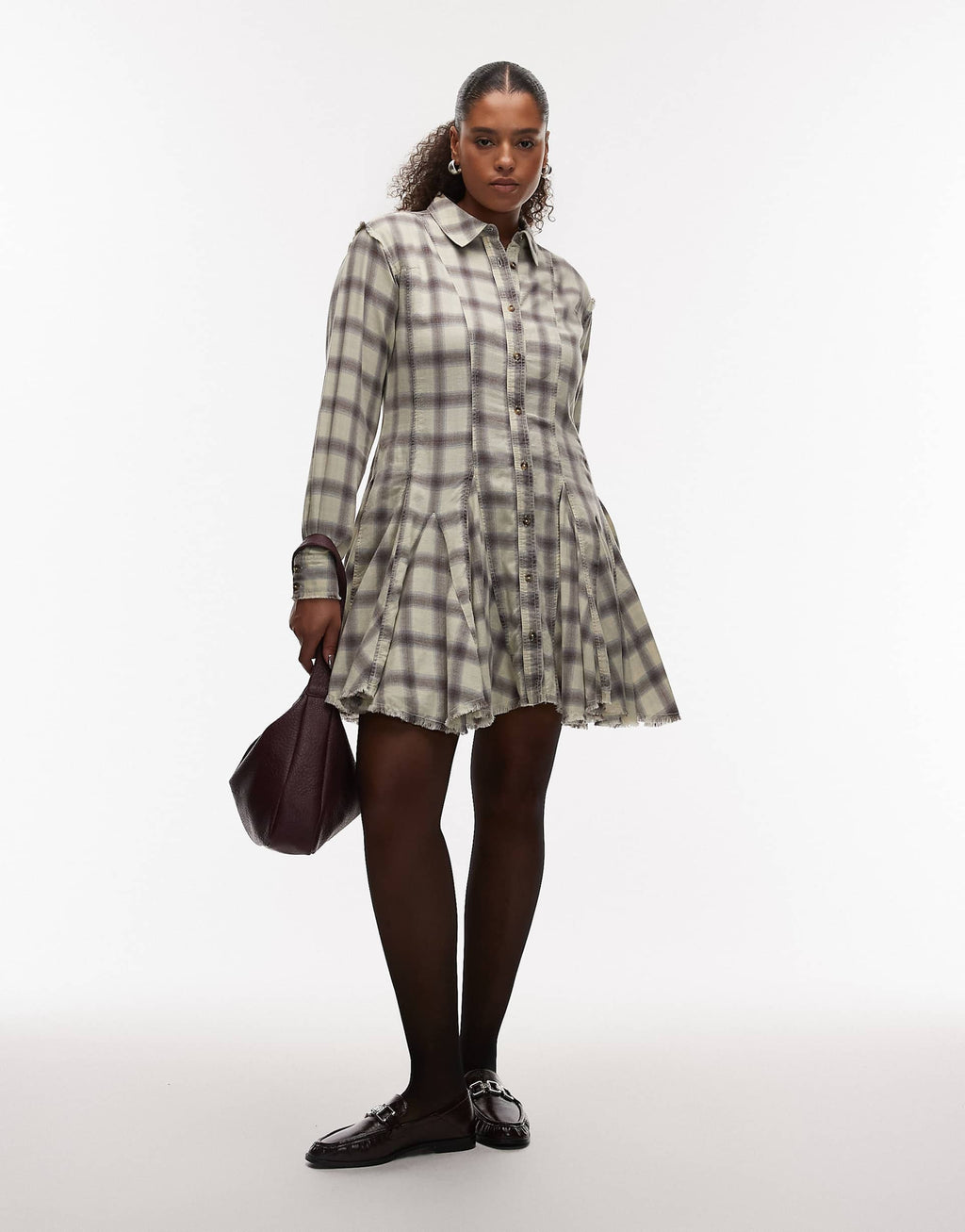 ASOS DESIGN Curve mini shirt dress with nipped in waist and godets in washed gray and blue plaid