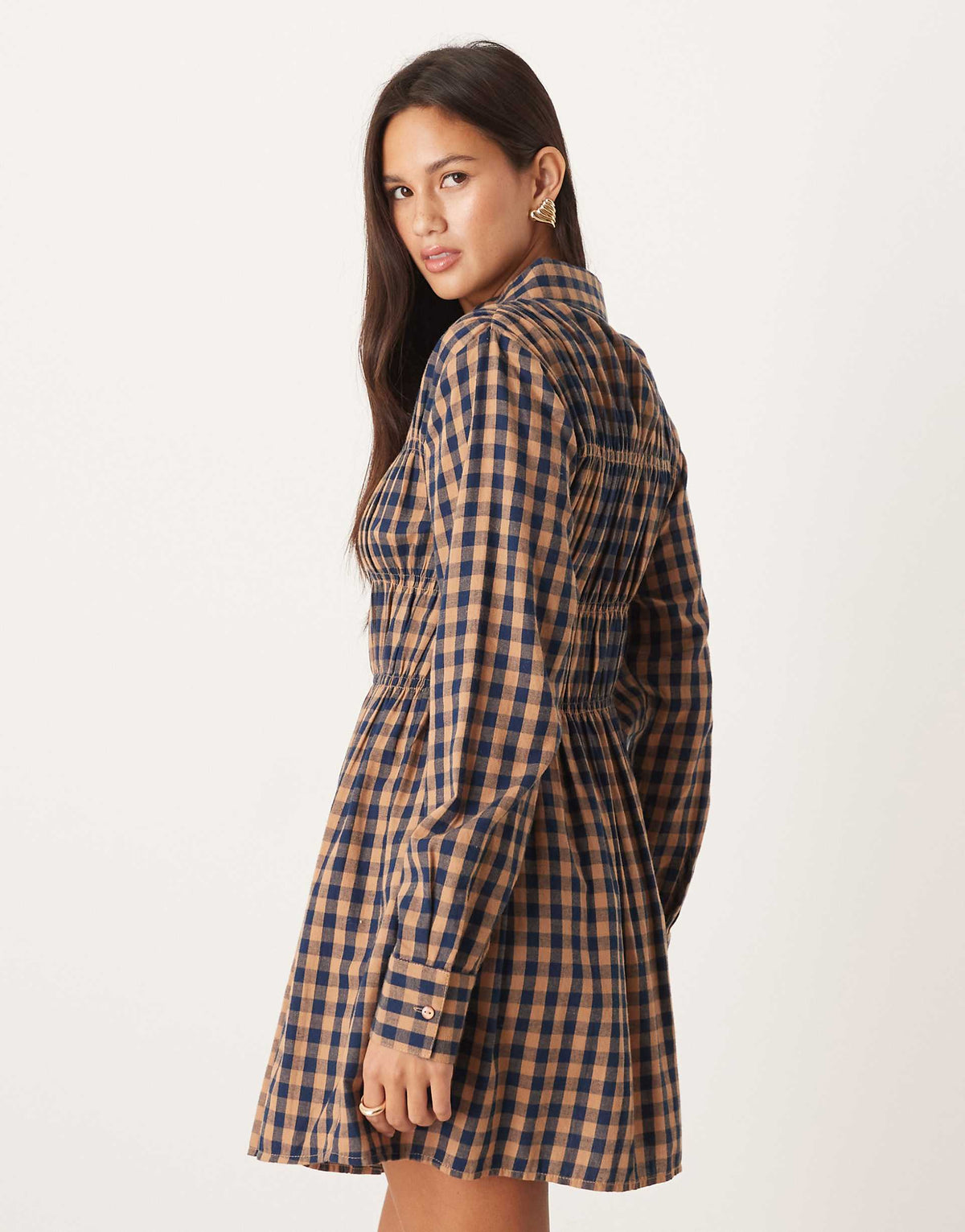 ASOS DESIGN mini shirt dress with cinched waist in tan gingham