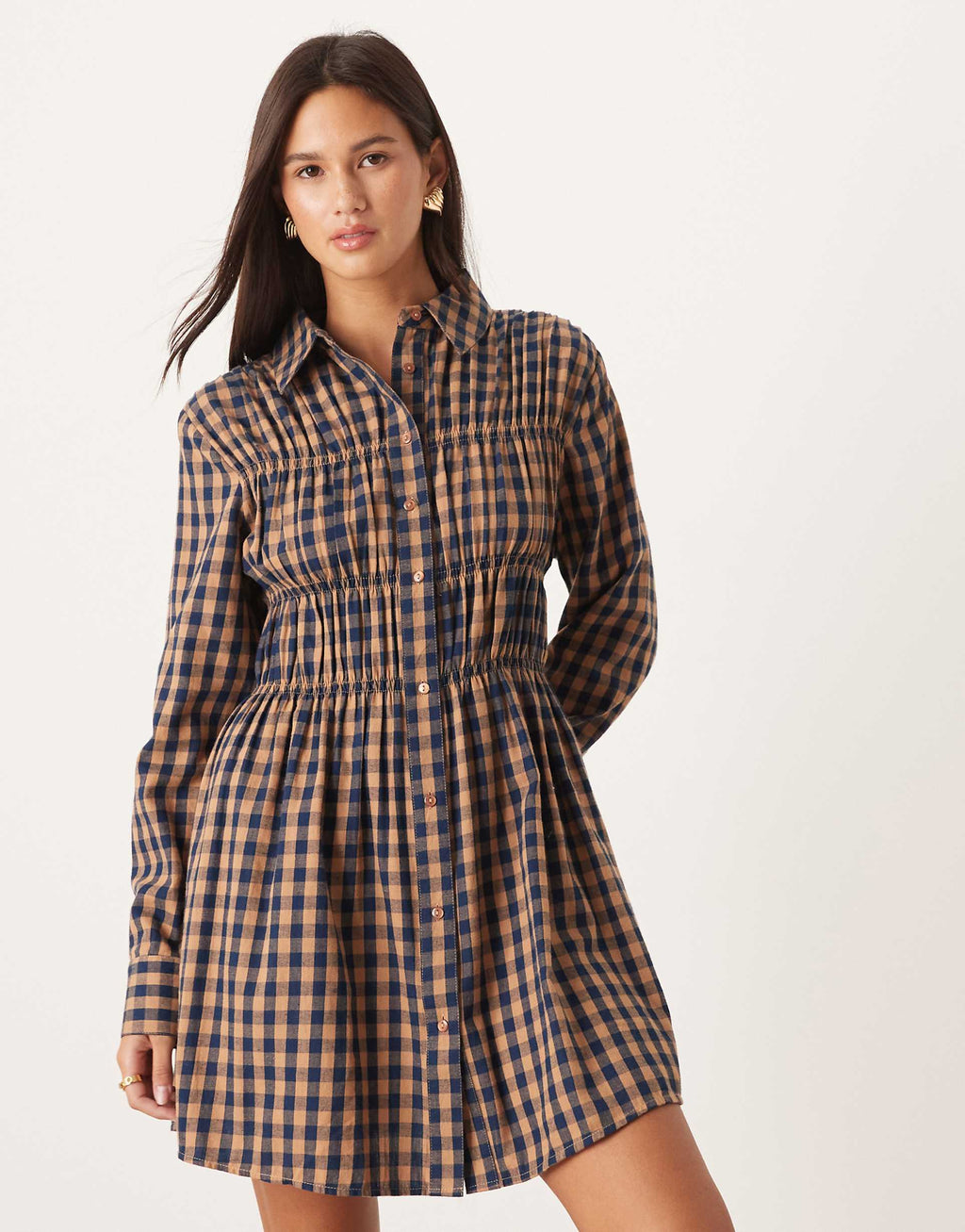 ASOS DESIGN mini shirt dress with cinched waist in tan gingham