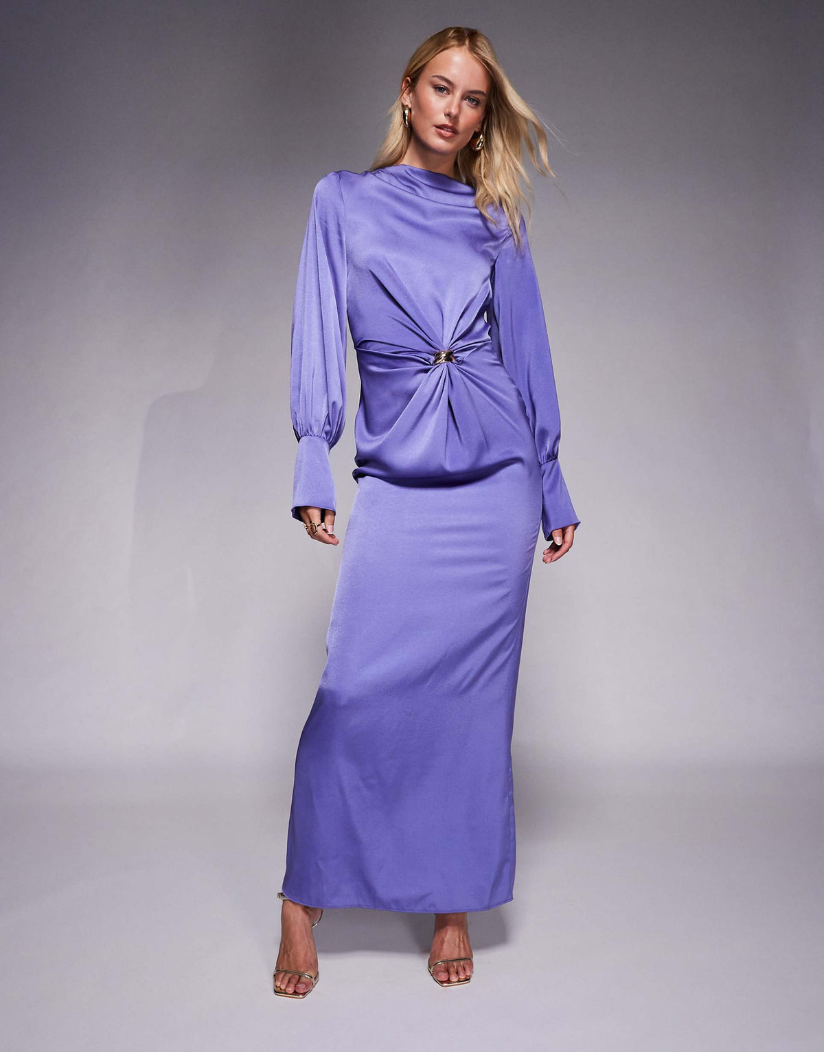 ASOS DESIGN Tall twist front bias satin maxi dress with gold hardware in purple