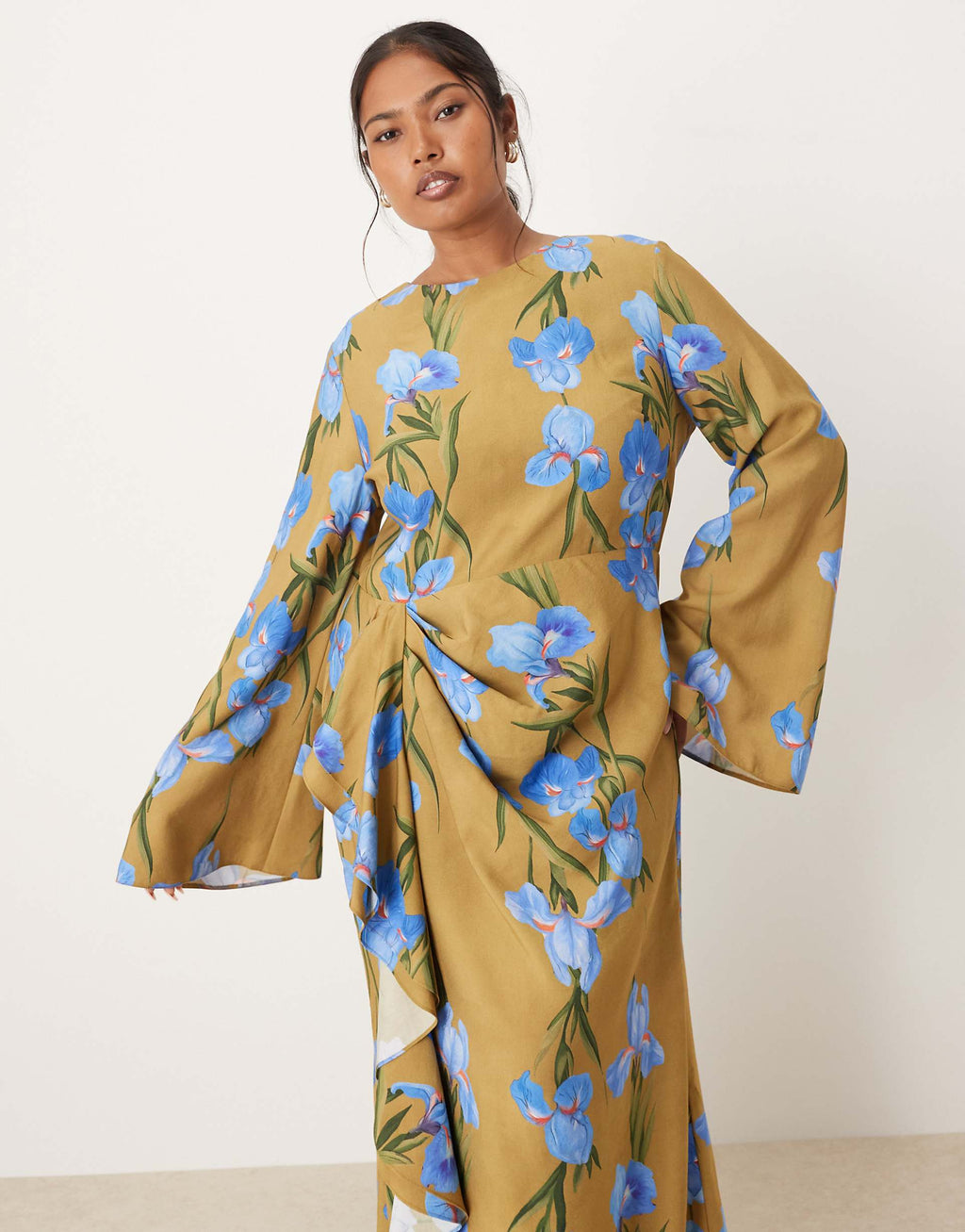 ASOS DESIGN Curve long sleeve maxi dress with ruffle skirt in oversized green floral print