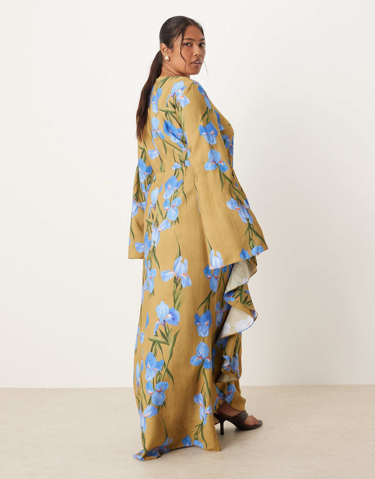 ASOS DESIGN Curve long sleeve maxi dress with ruffle skirt in oversized green floral print