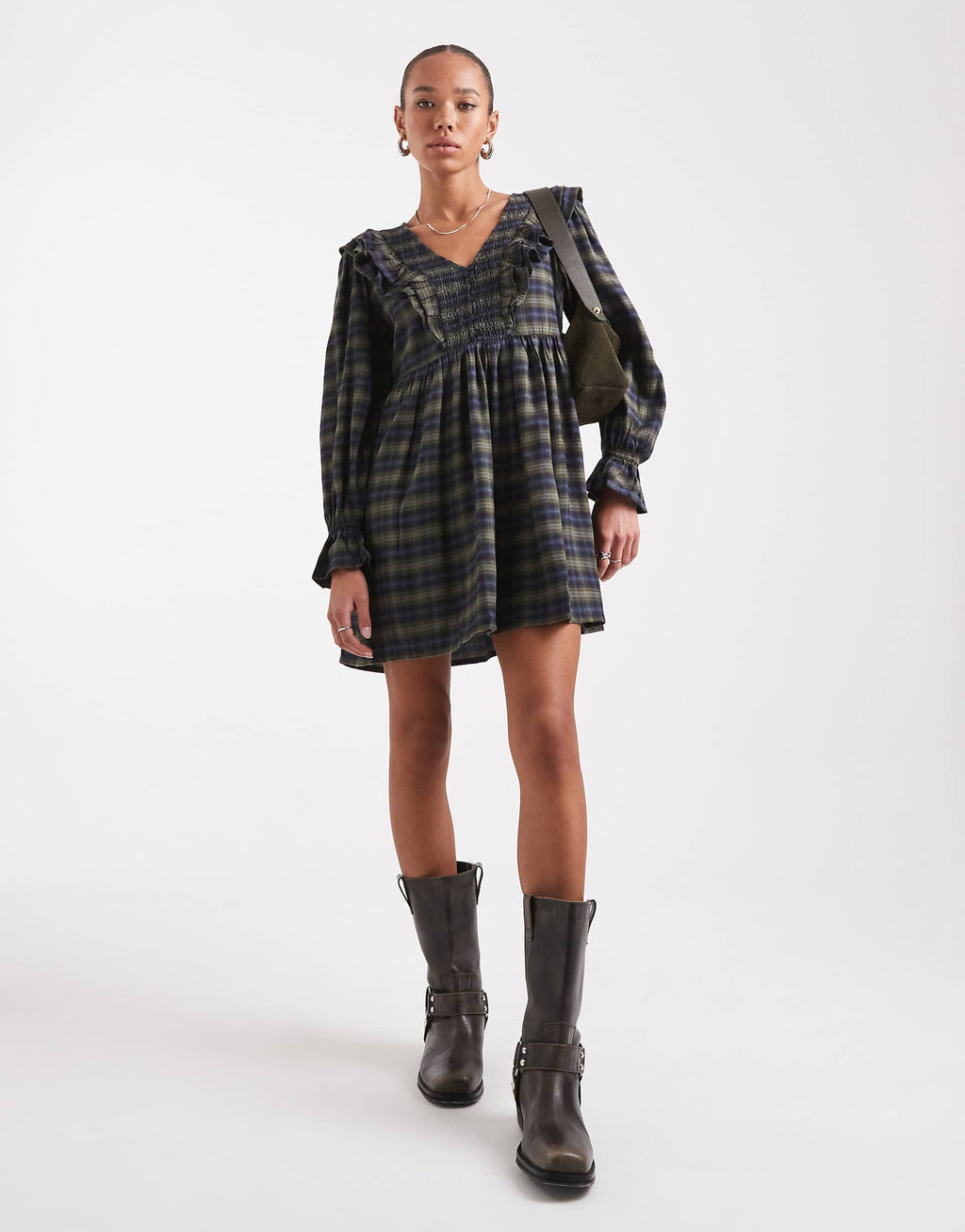 Wednesday's Girl ruffle detail plaid mini smock dress in green and navy