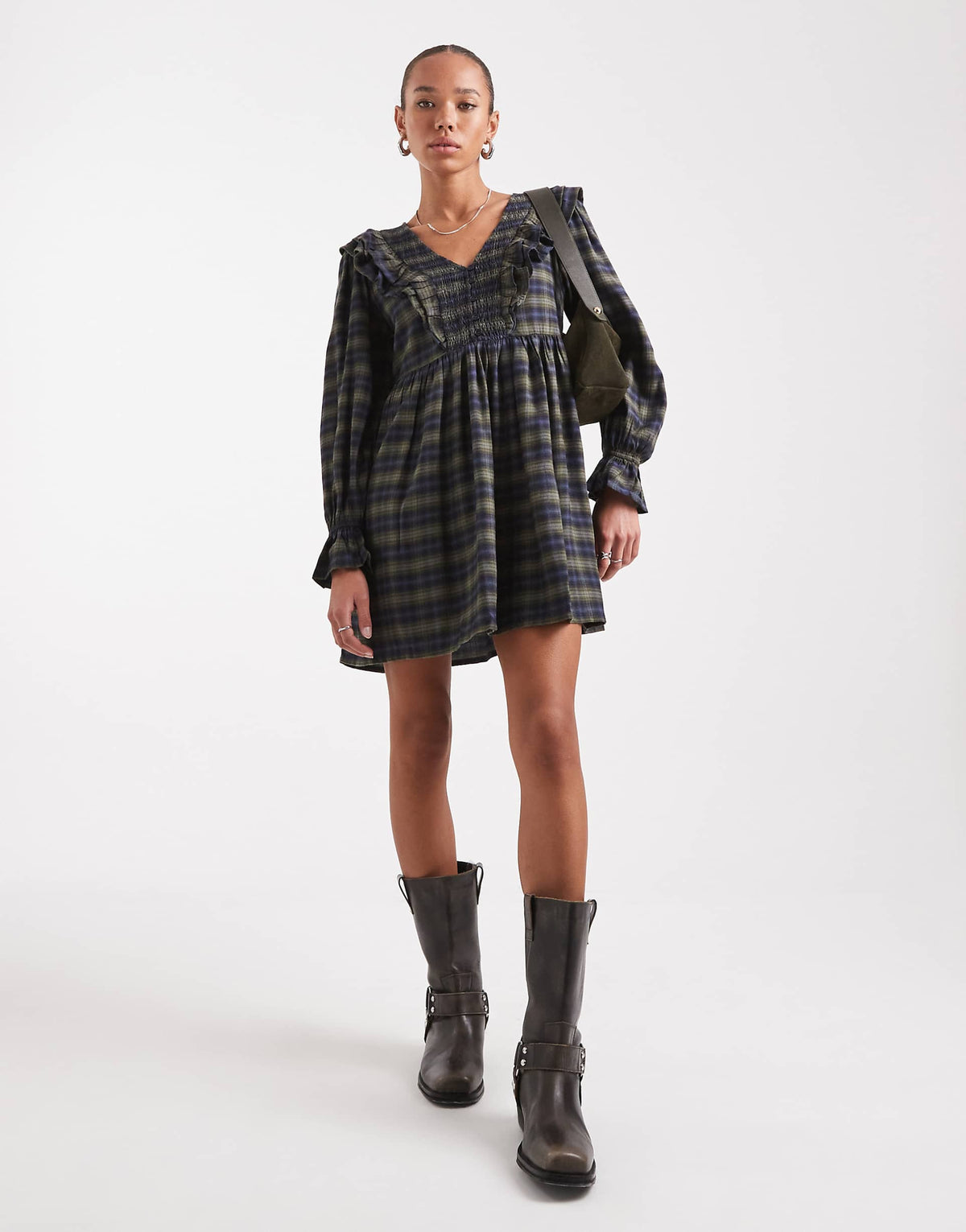 Wednesday's Girl ruffle detail plaid mini smock dress in green and navy