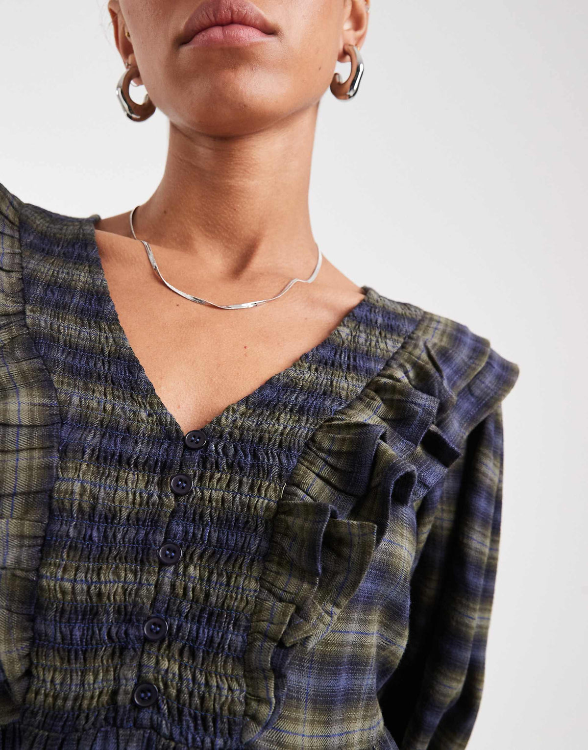 Wednesday's Girl ruffle detail plaid mini smock dress in green and navy
