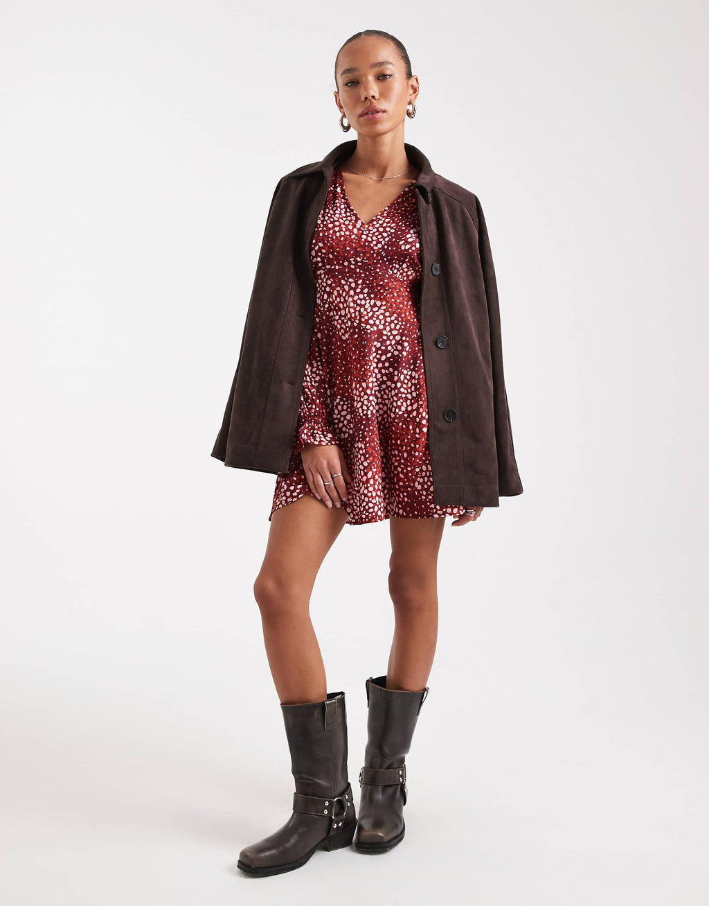 Wednesday's Girl dotty print v-neck mini dress in burgundy and pink