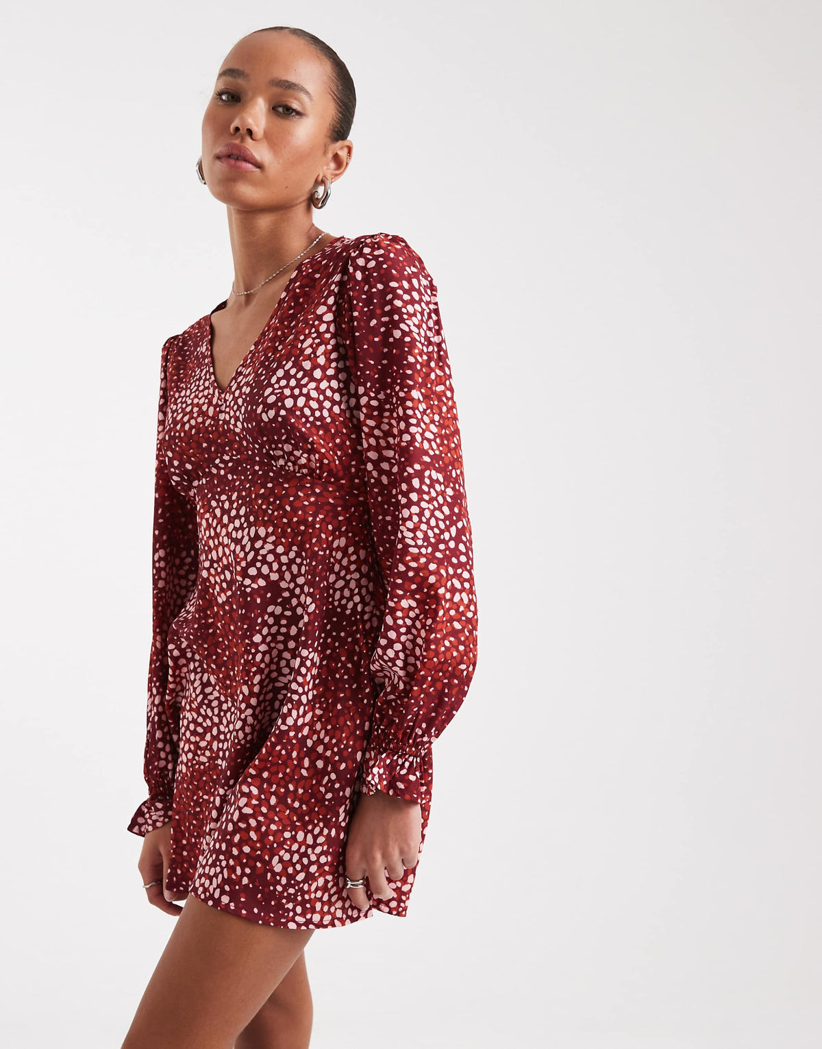 Wednesday's Girl dotty print v-neck mini dress in burgundy and pink
