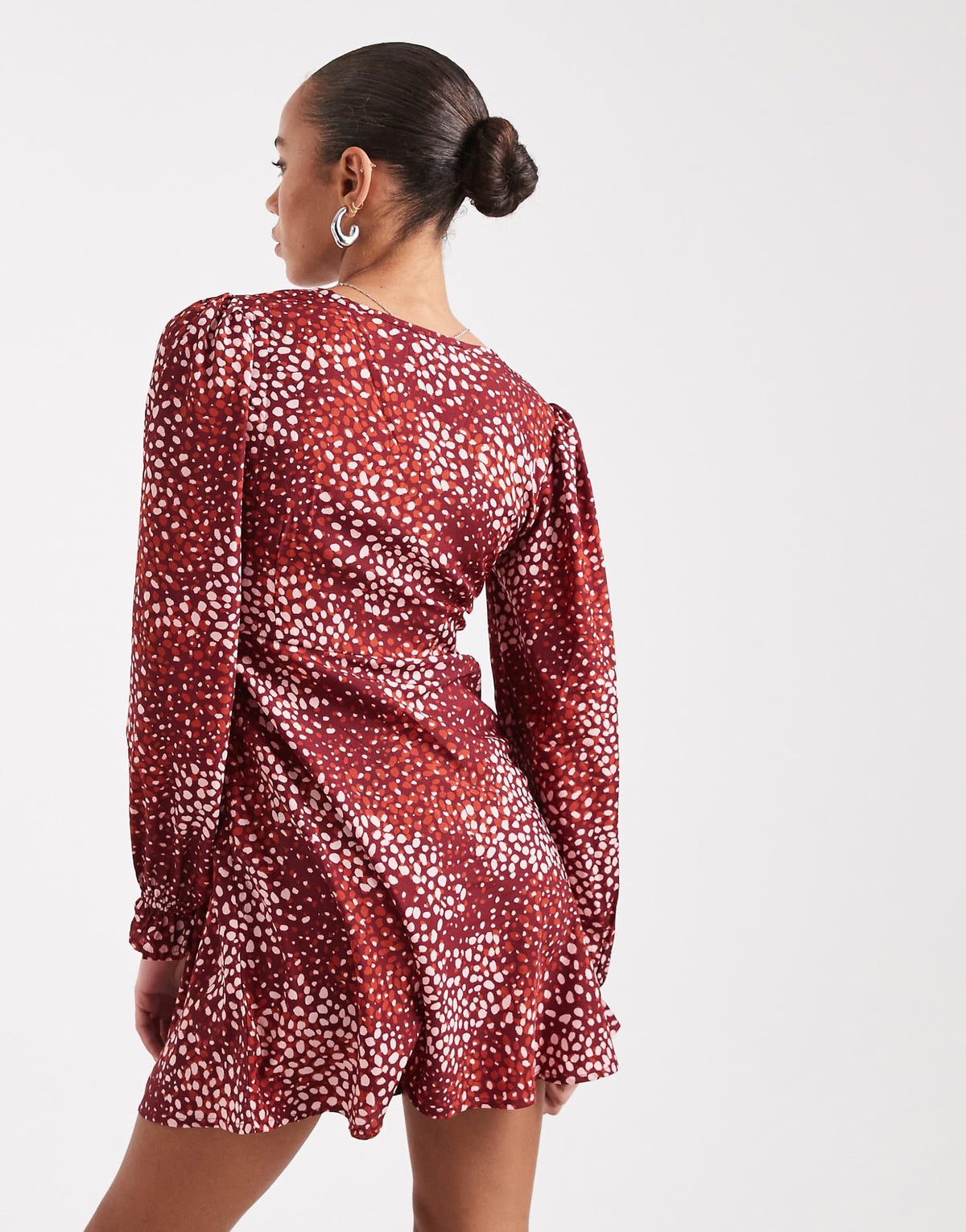 Wednesday's Girl dotty print v-neck mini dress in burgundy and pink