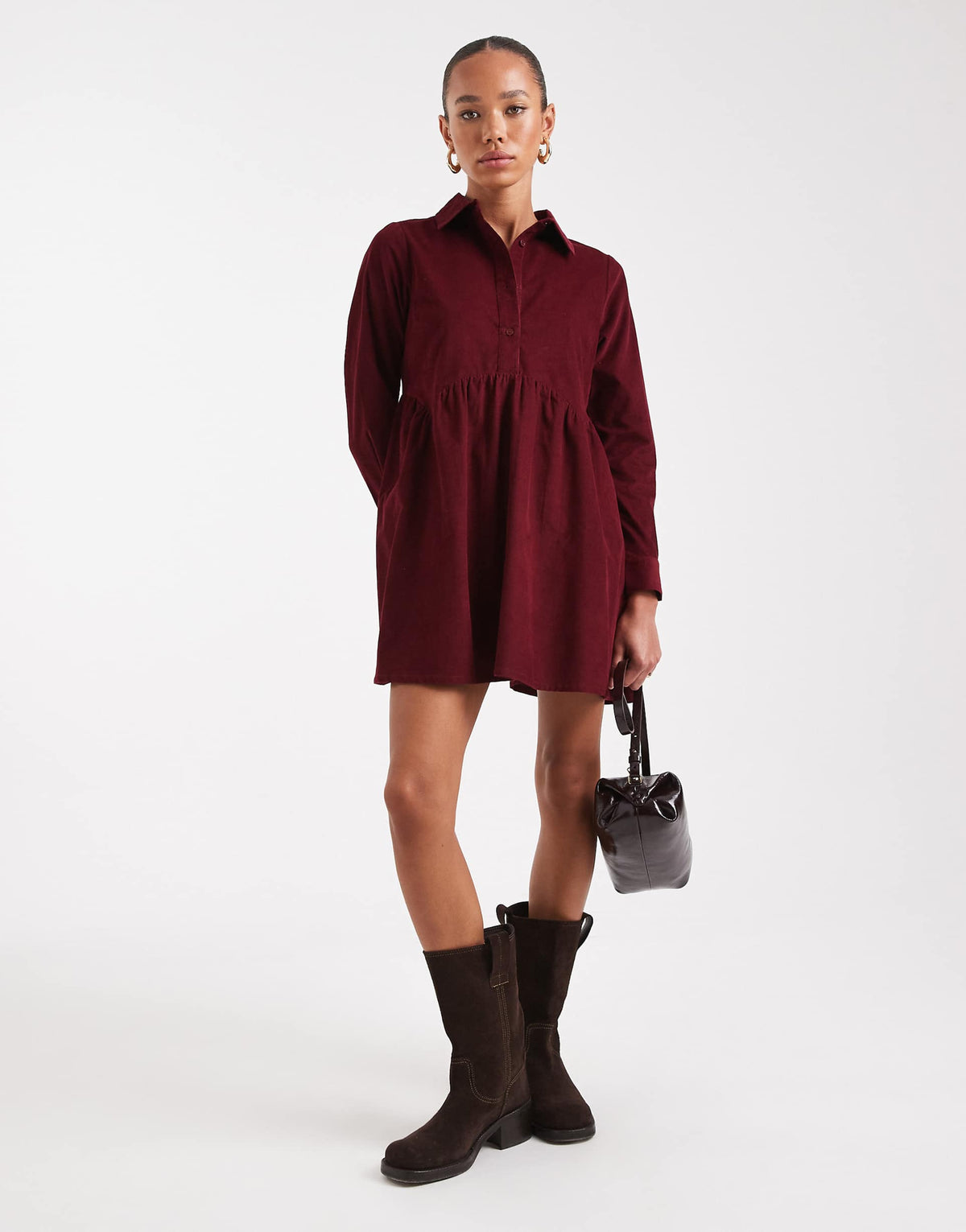 Wednesday's Girl button up corduroy smock mini dress in dark red