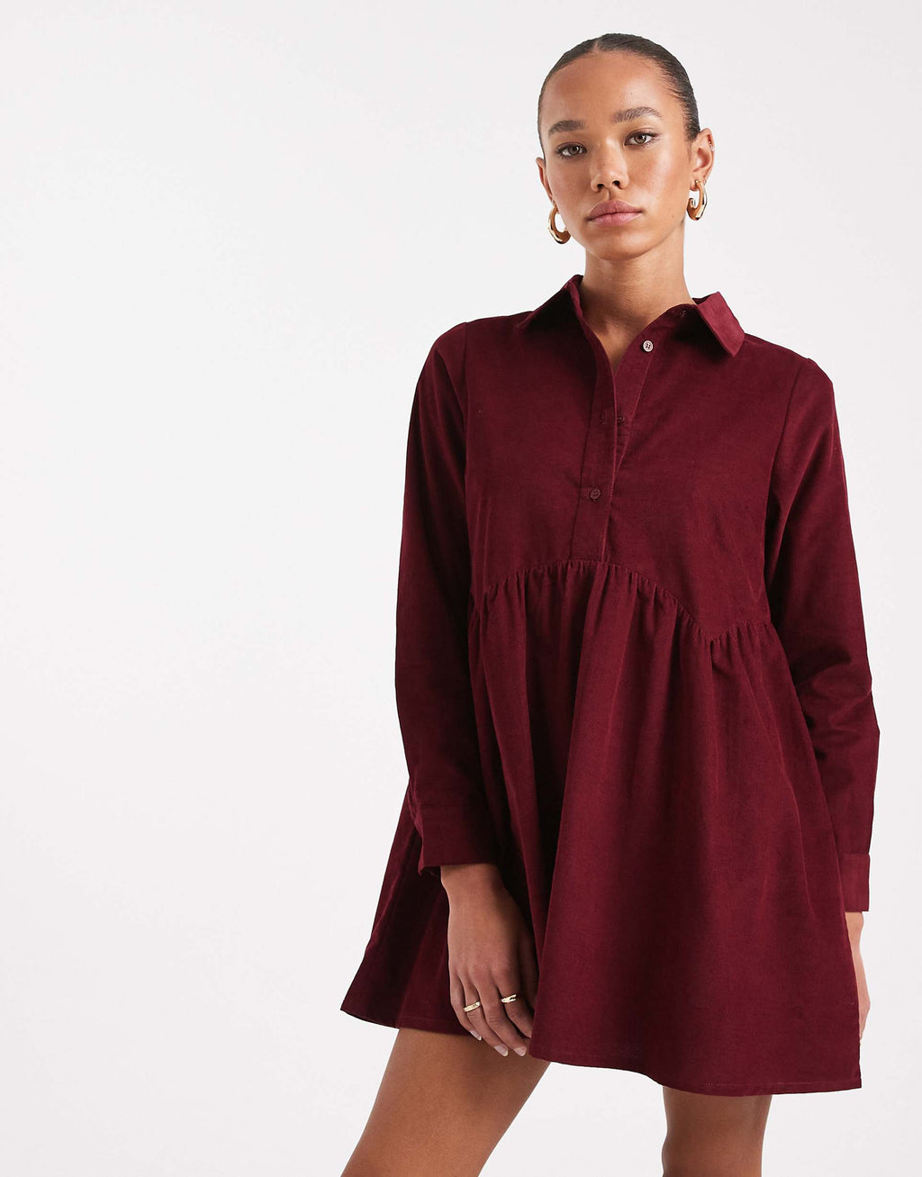 Wednesday's Girl button up corduroy smock mini dress in dark red