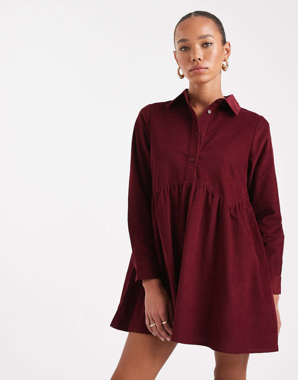 Wednesday's Girl button up corduroy smock mini dress in dark red
