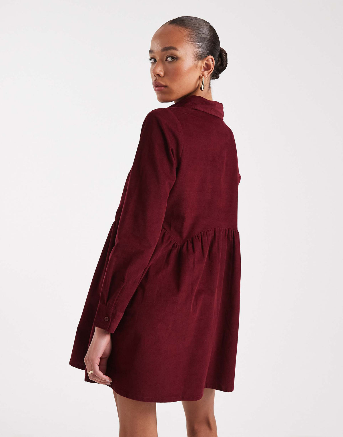 Wednesday's Girl button up corduroy smock mini dress in dark red