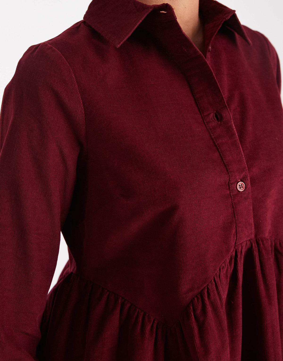 Wednesday's Girl button up corduroy smock mini dress in dark red
