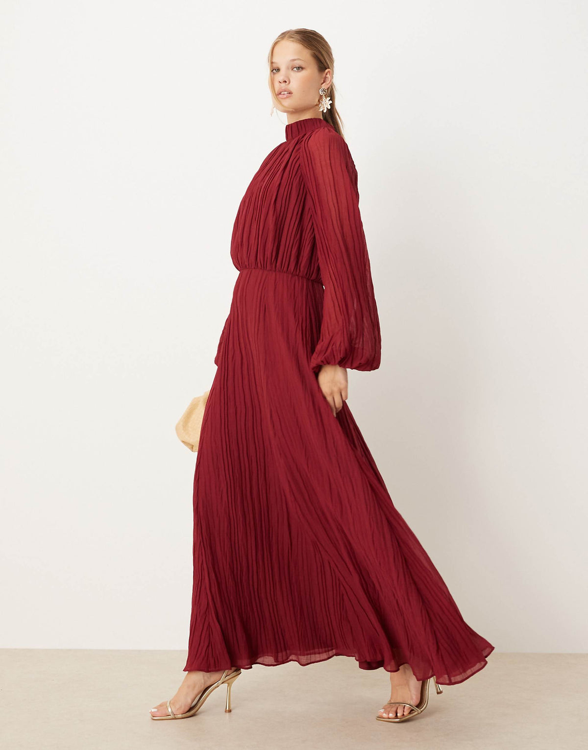 ASOS DESIGN high neck crinkle maxi dress with blouson sleeves in deep berry