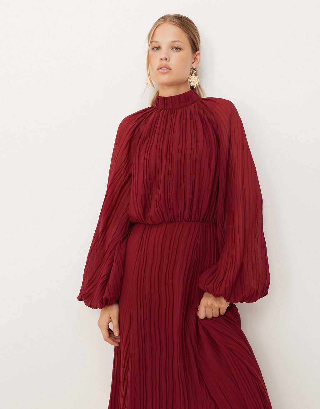 ASOS DESIGN high neck crinkle maxi dress with blouson sleeves in deep berry