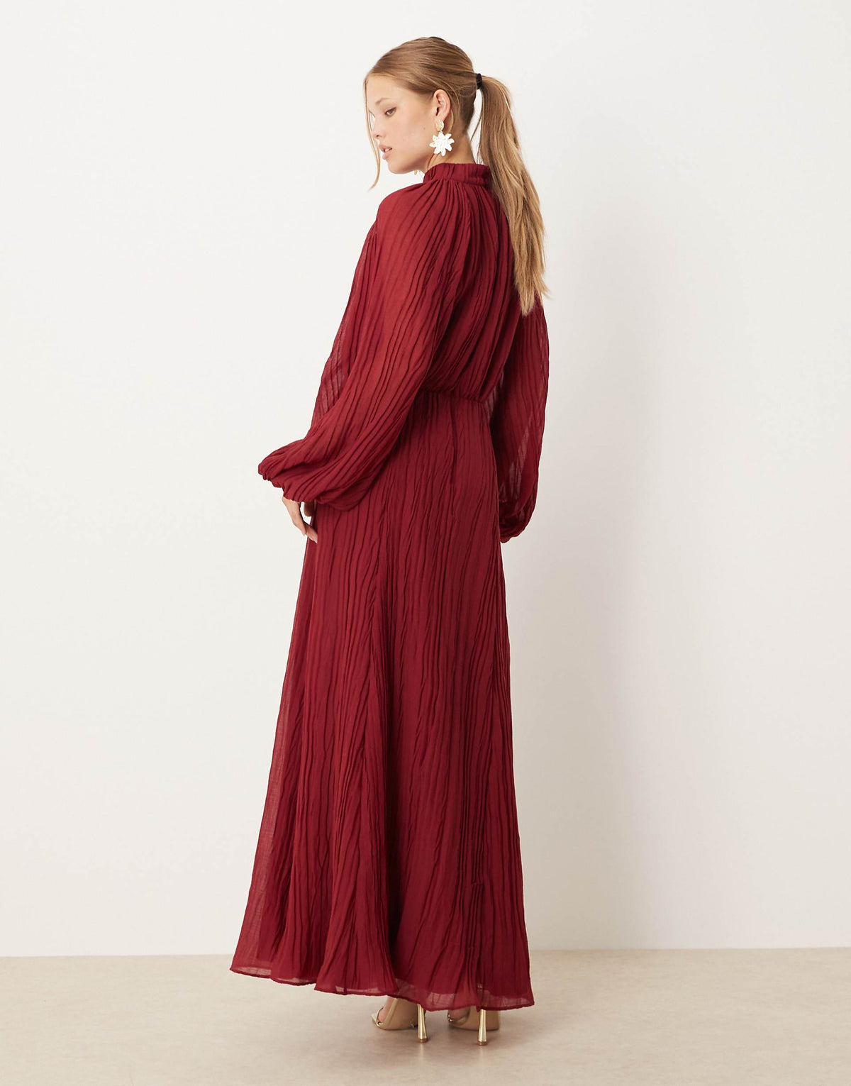 ASOS DESIGN high neck crinkle maxi dress with blouson sleeves in deep berry