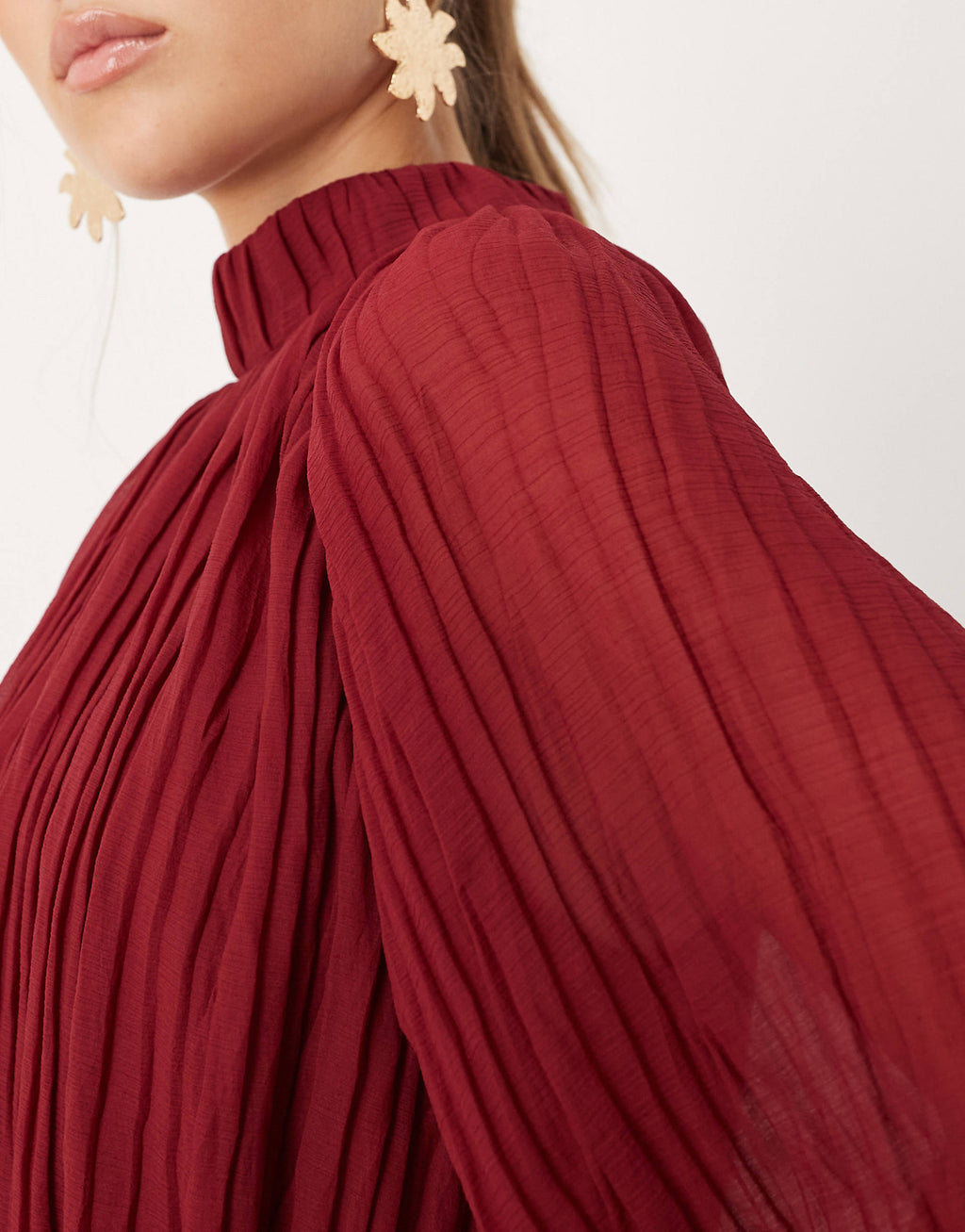 ASOS DESIGN high neck crinkle maxi dress with blouson sleeves in deep berry