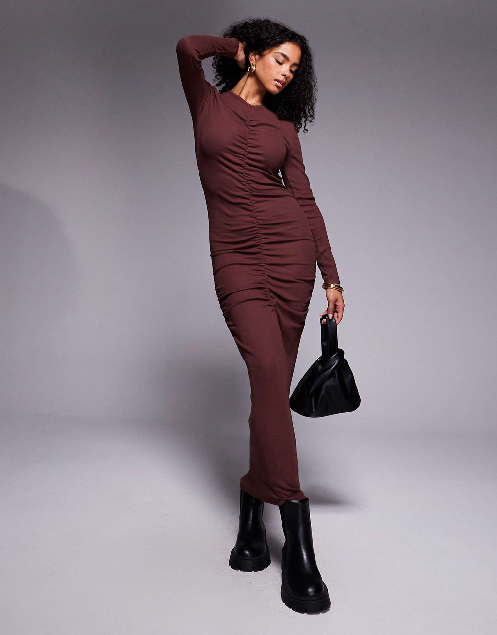 ASOS DESIGN ribbed ruched midi dress in chocolate