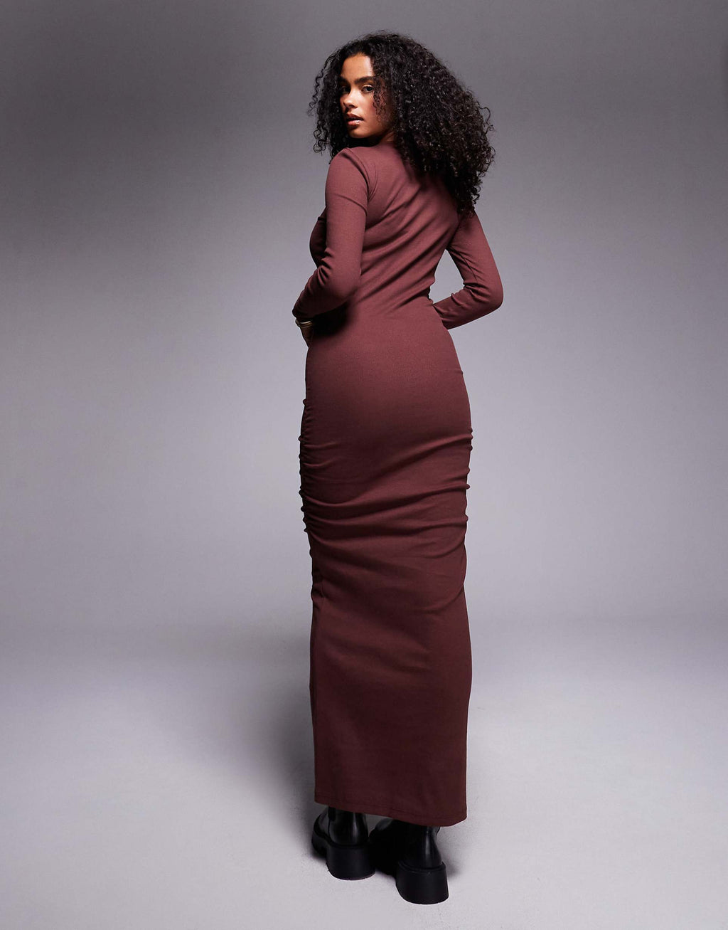 ASOS DESIGN ribbed ruched midi dress in chocolate