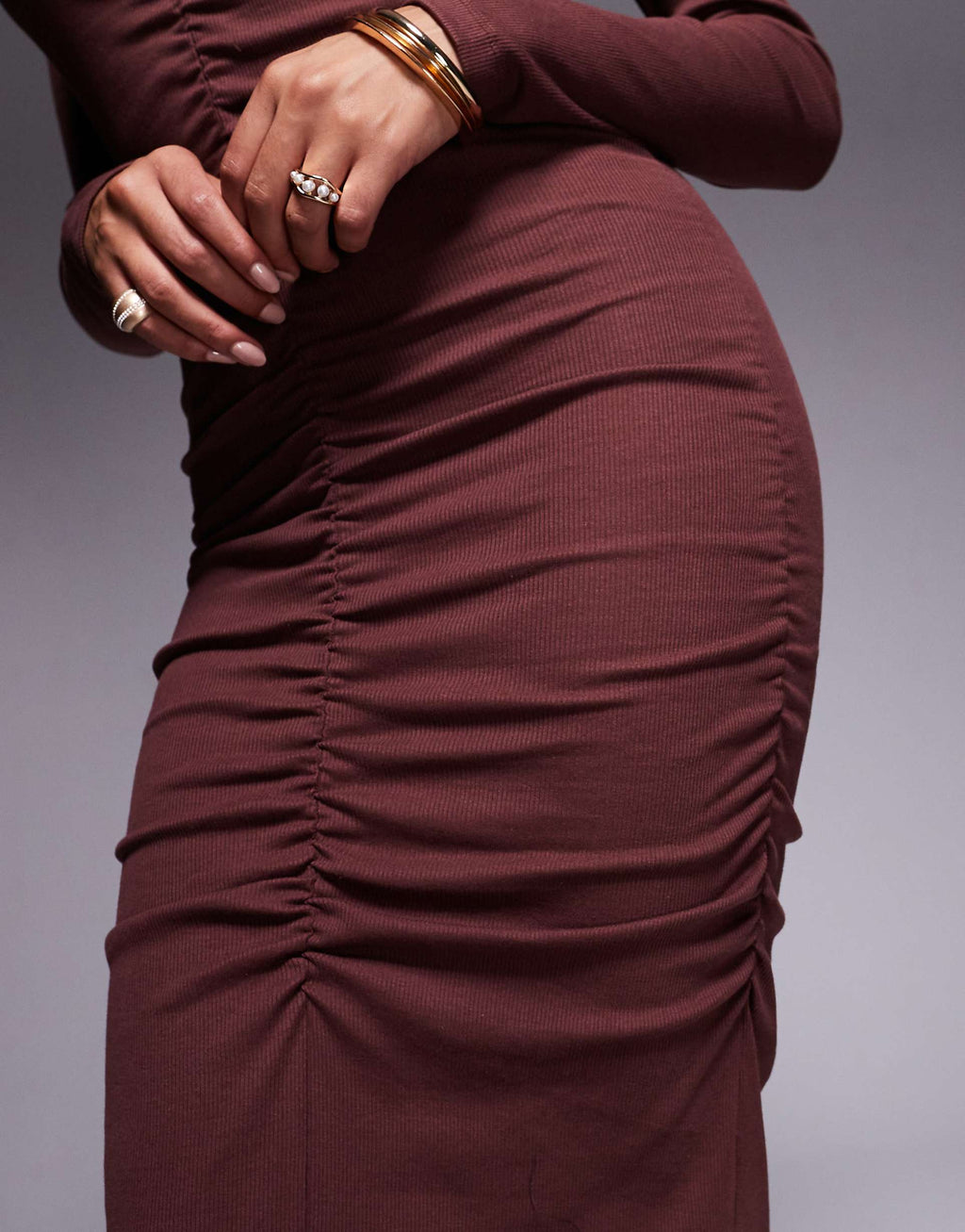 ASOS DESIGN ribbed ruched midi dress in chocolate