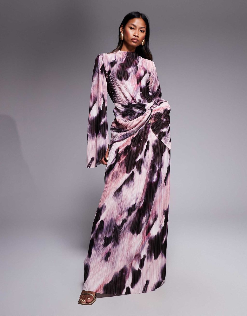 ASOS DESIGN plisse drape long sleeve maxi dress in pastel blurred print