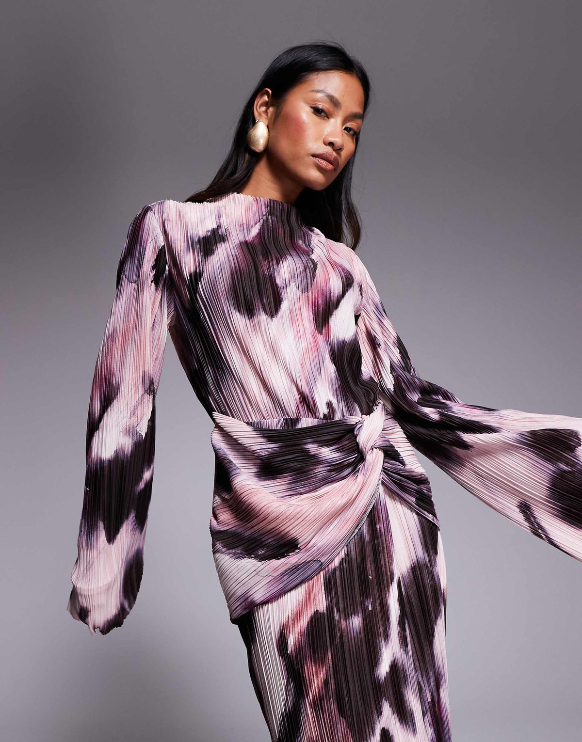 ASOS DESIGN plisse drape long sleeve maxi dress in pastel blurred print