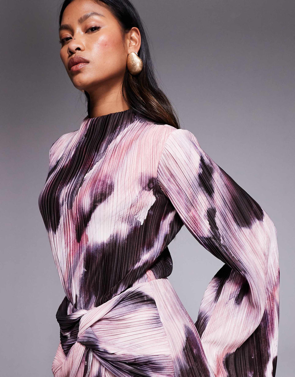 ASOS DESIGN plisse drape long sleeve maxi dress in pastel blurred print