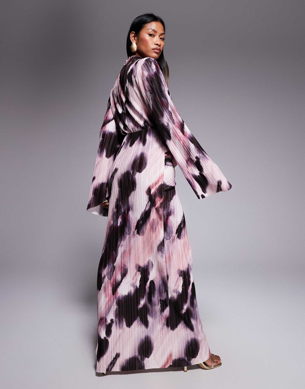 ASOS DESIGN plisse drape long sleeve maxi dress in pastel blurred print