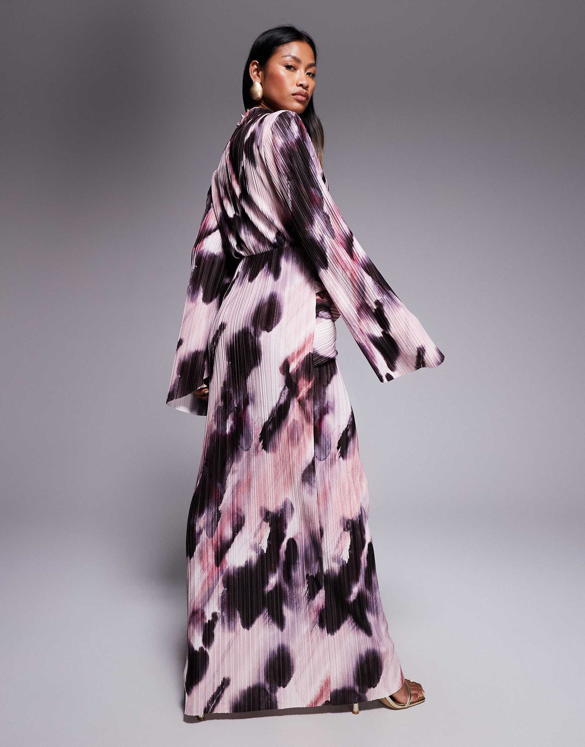 ASOS DESIGN plisse drape long sleeve maxi dress in pastel blurred print