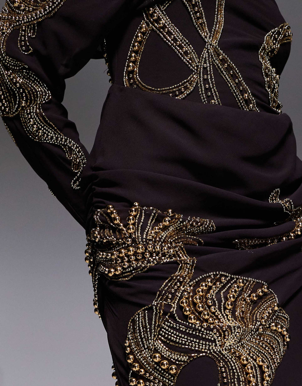 ASOS DESIGN drape shoulder embellished pleated maxi dress in chocolate