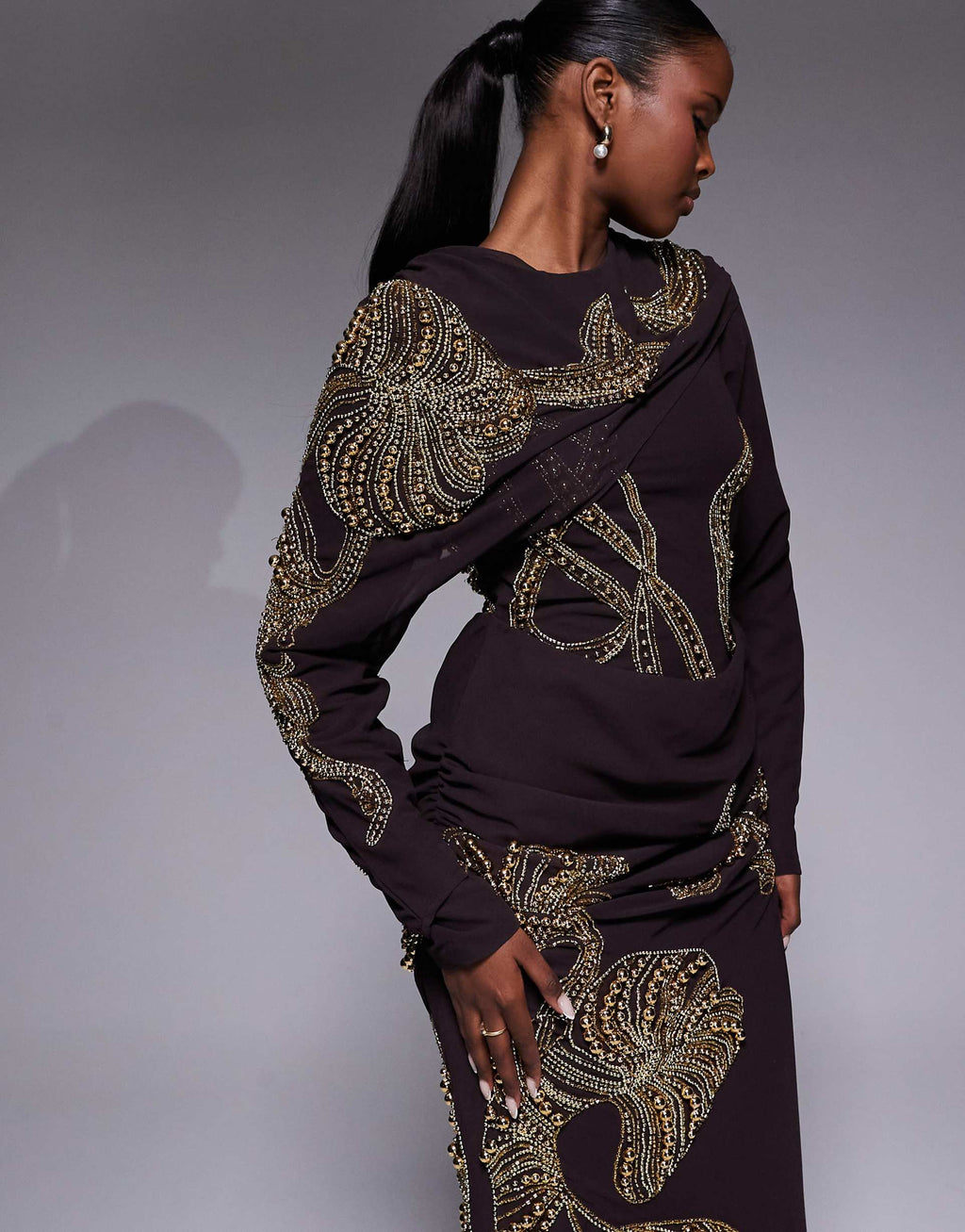 ASOS DESIGN drape shoulder embellished pleated maxi dress in chocolate