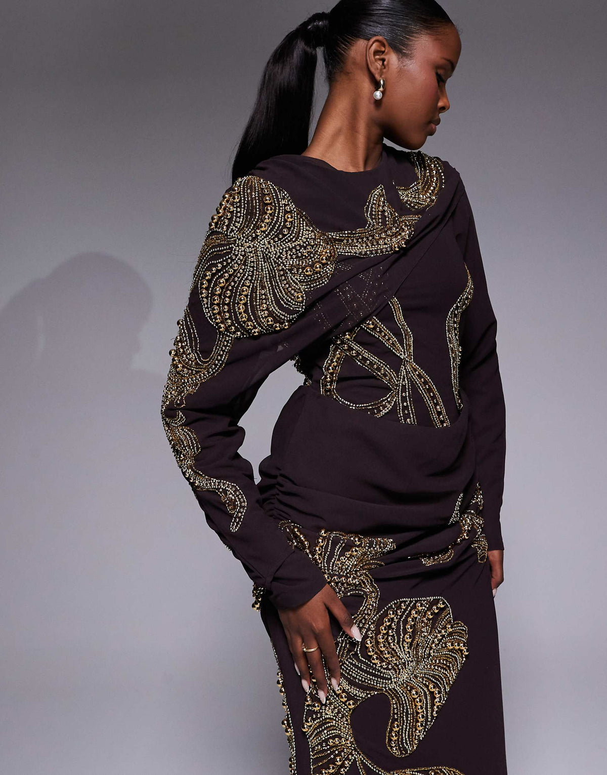 ASOS DESIGN drape shoulder embellished pleated maxi dress in chocolate