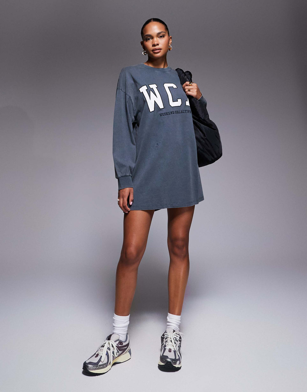 Weekend Collective Icon oversized long sleeve T-shirt dress with varsity logo in washed charcoal